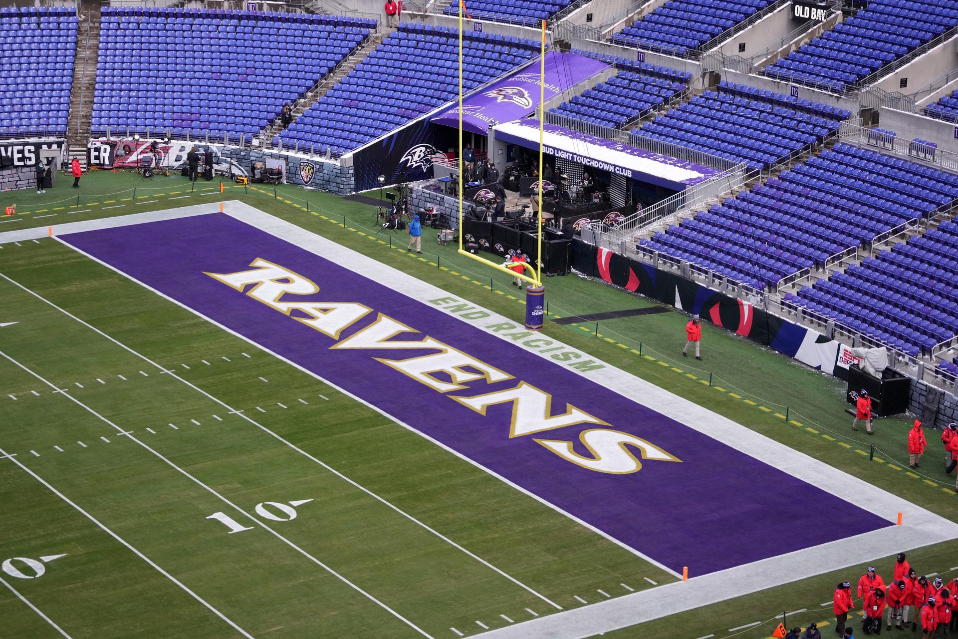 Baltimore Ravens logo and words End Racism