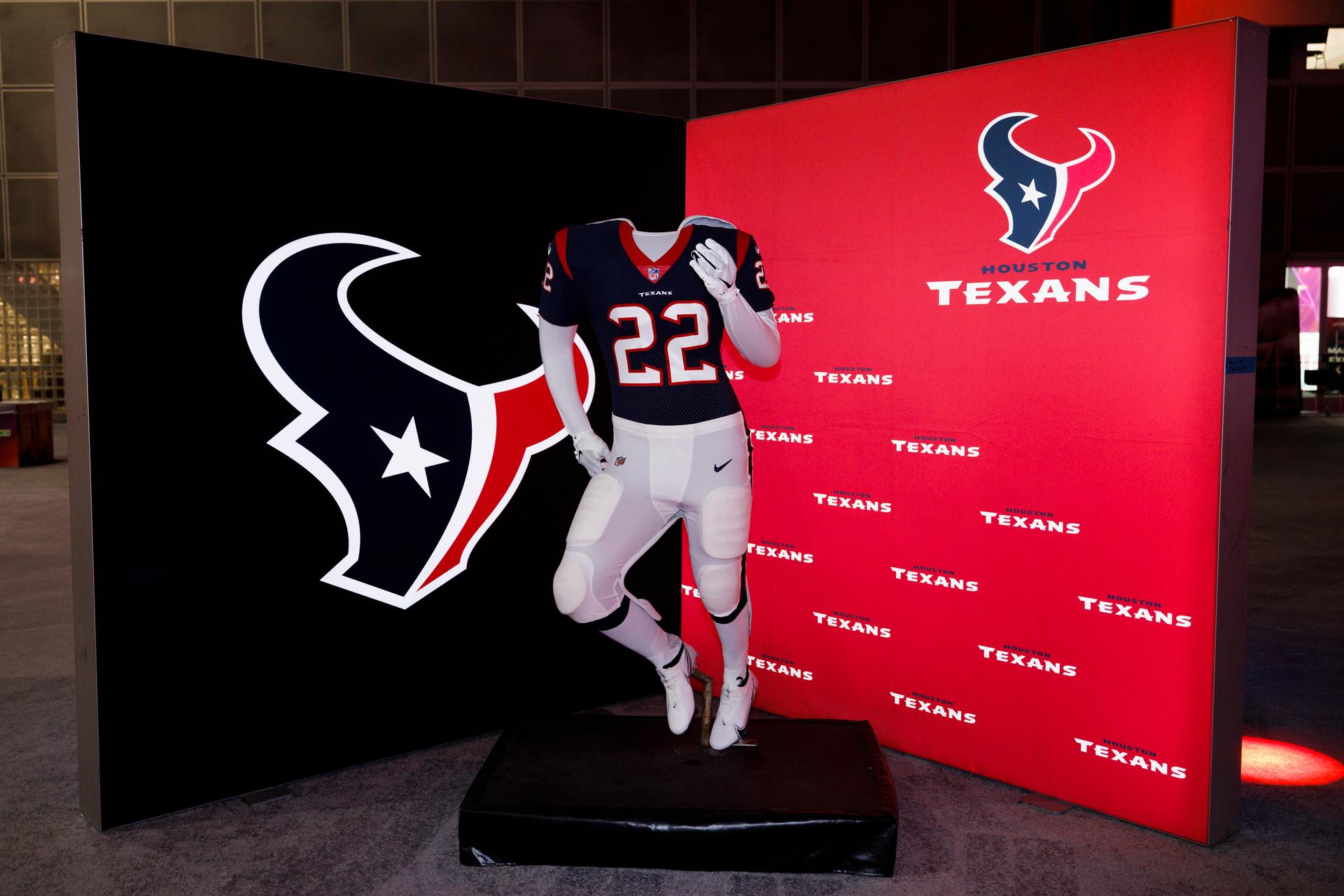 Detail view of the Houston Texans uniform and logo