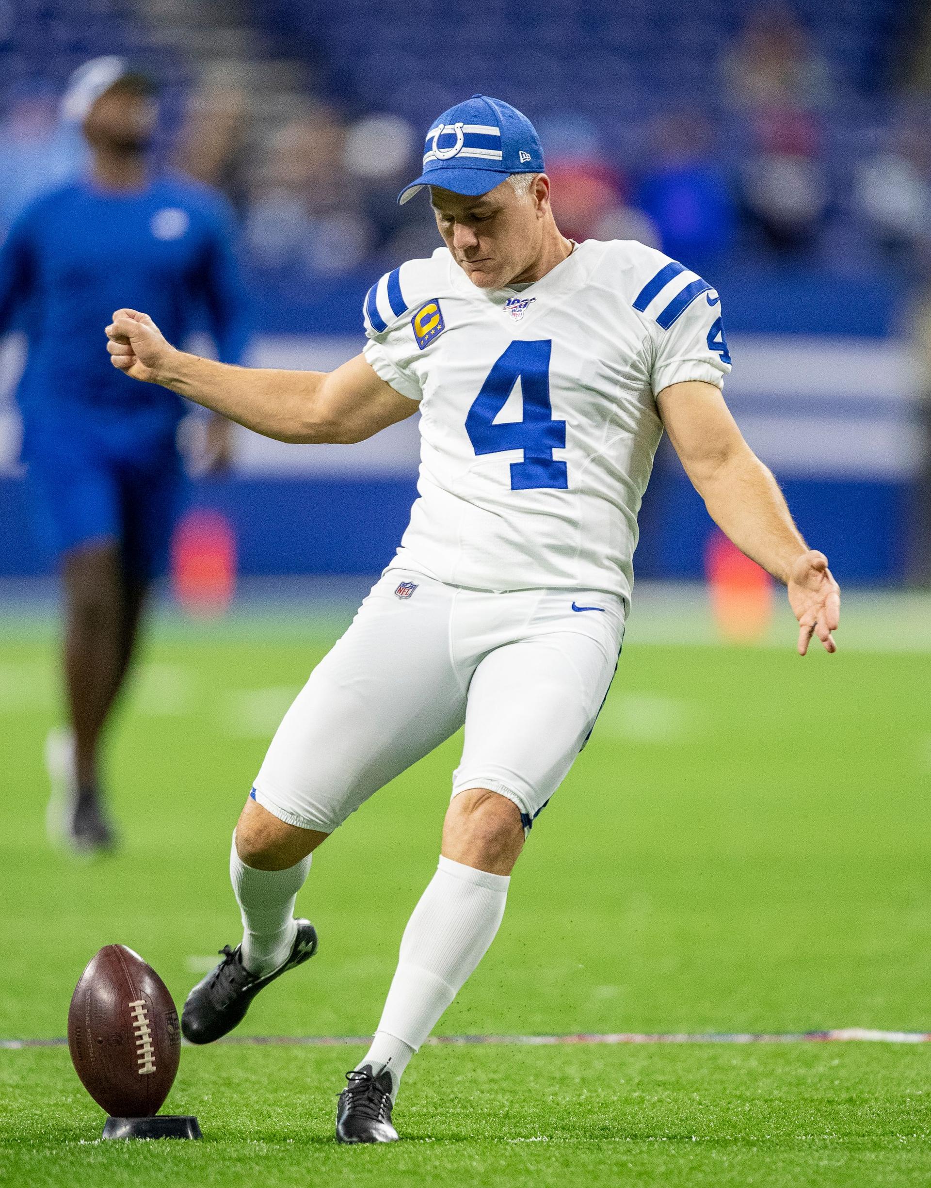 Adam Vinatieri #4 of the Indianapolis Colts warms up