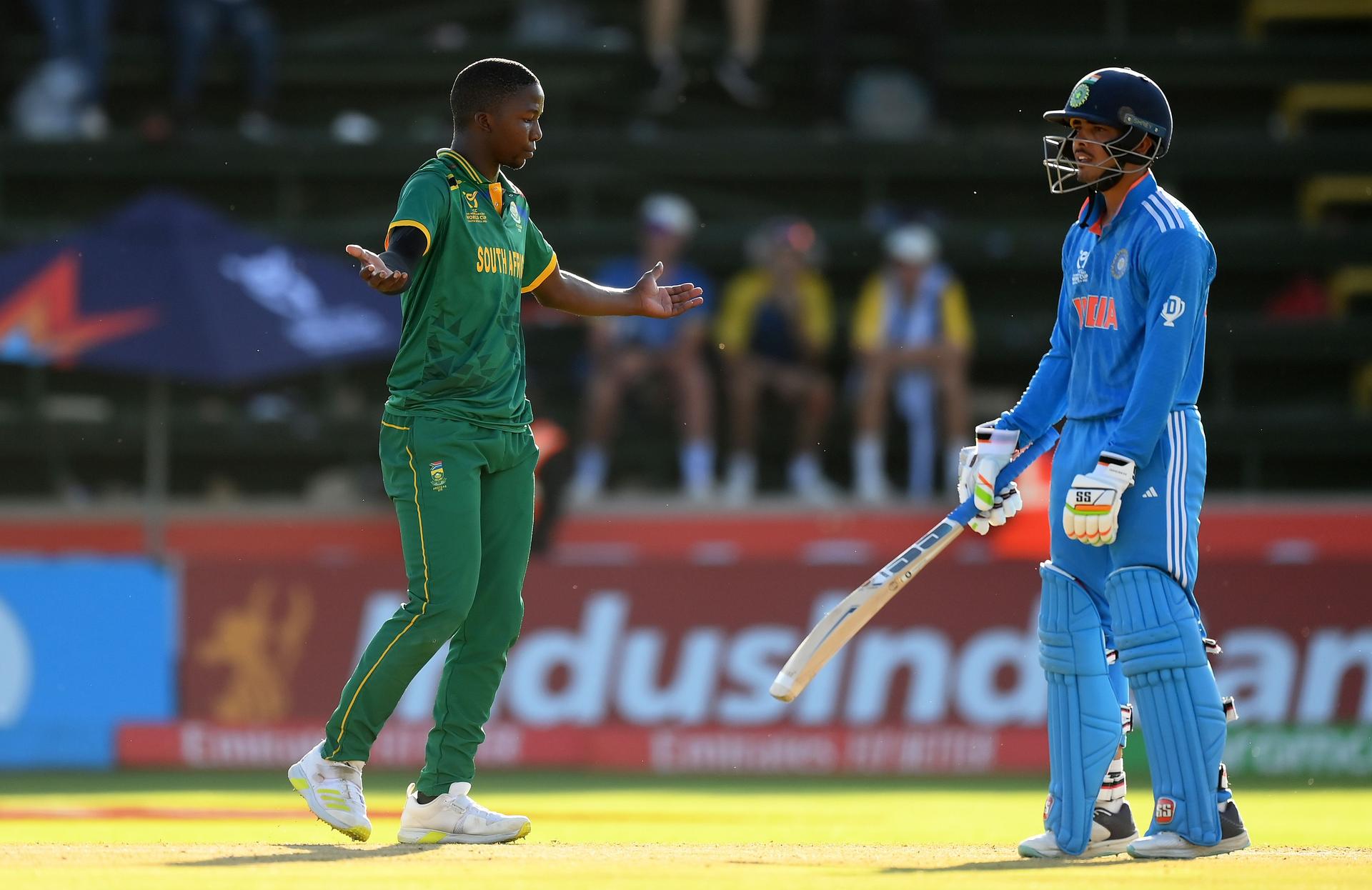 Kwena Maphaka of South Africa celebrates the wicket of Aravelly Avanish of India 