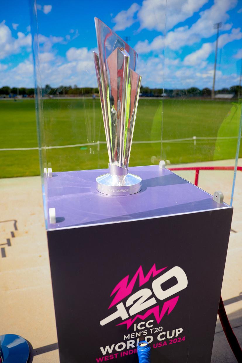 The ICC Men's T20 World Cup trophy is displayed at Broward Stadium in Lauderhill, Florida, on May 6, 2024. The trophy is presented to the winners of the ICC Men's T20 World Cup, organized by the International Cricket Council. 