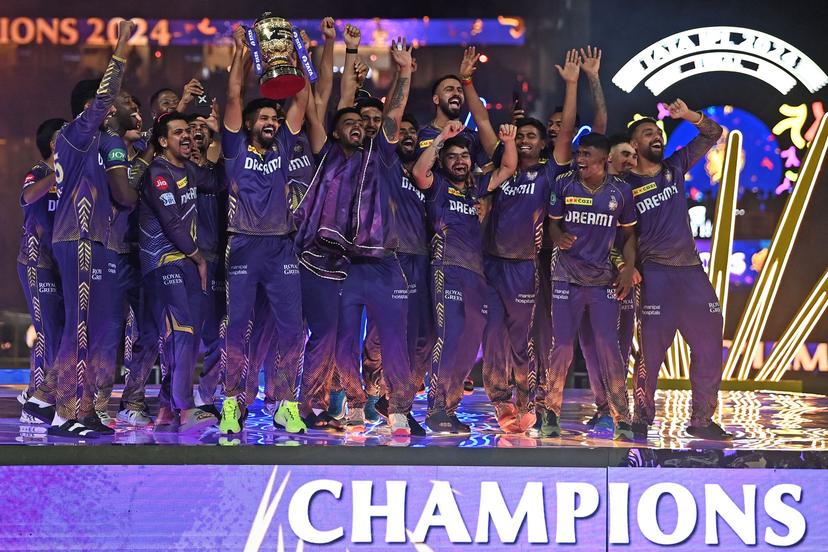 Kolkata Knight Riders' players celebrate with the trophy after winning the Indian Premier League