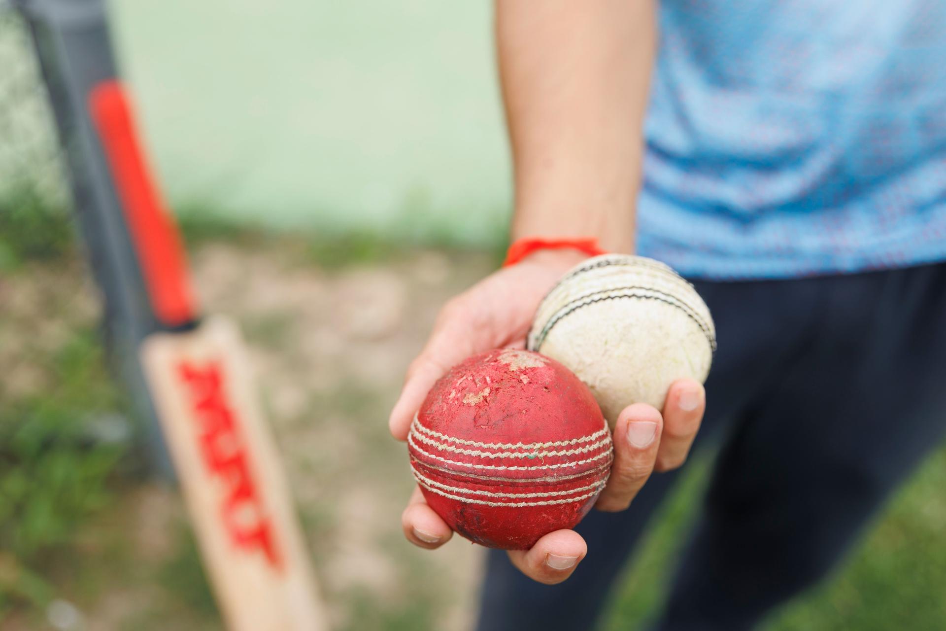 Harin Dani shows the leather cricket balls 