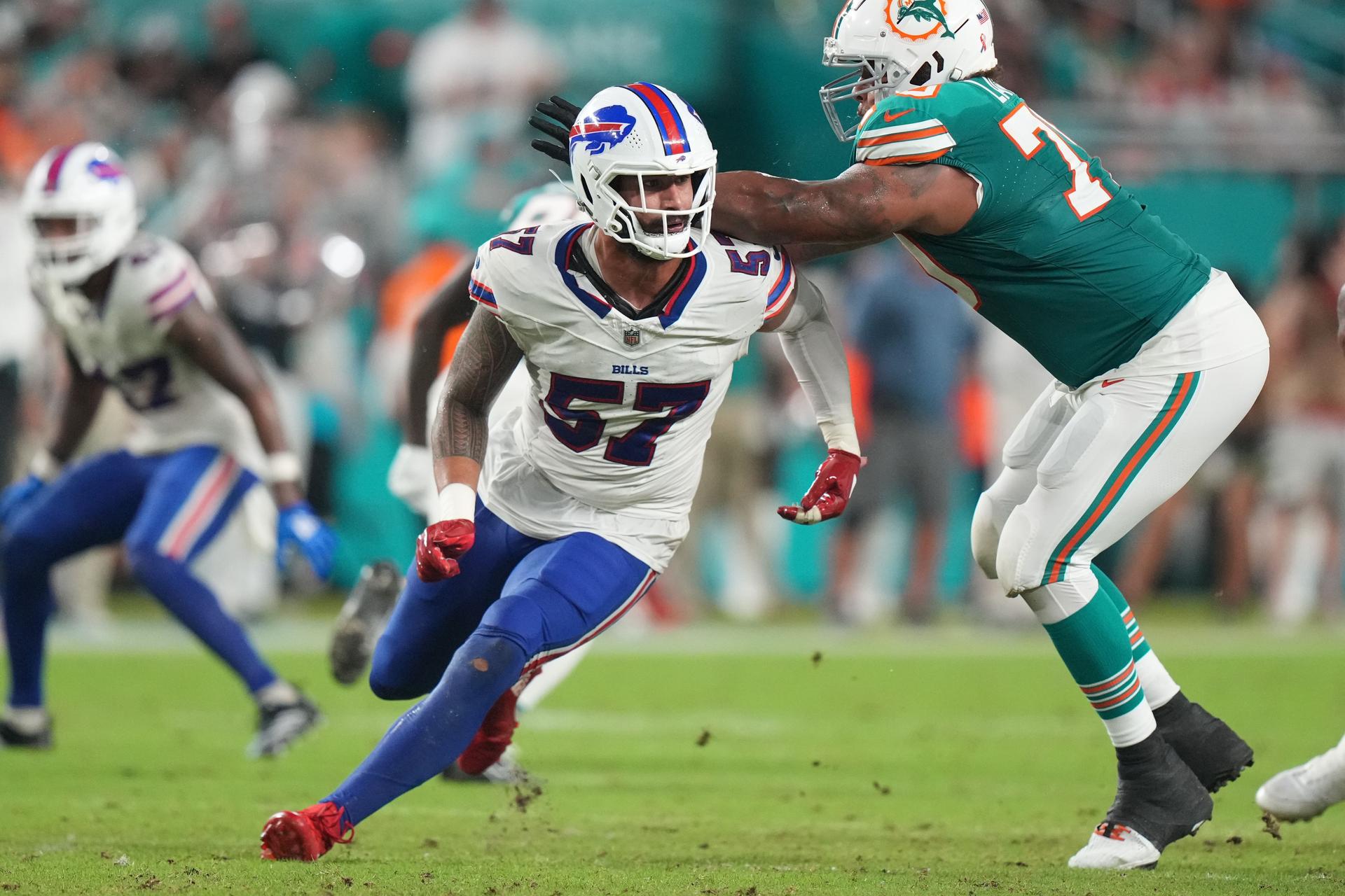 Buffalo Bills defensive end AJ Epenesa (57) rushes the passer 