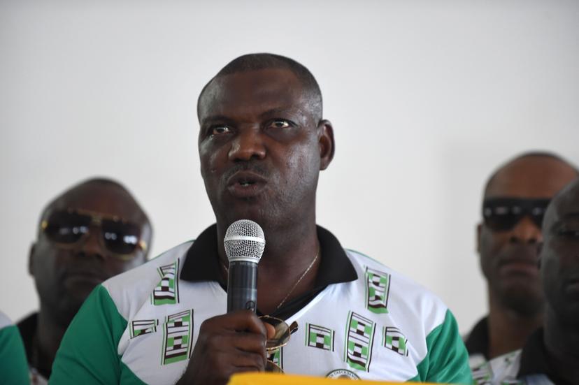 Former player and coach of Nigeria's national football team Austin Eguavoen (C) speaks along with other former international football players