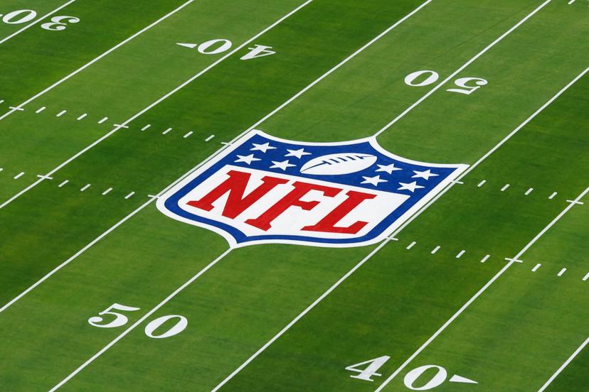 detail view of the NFL shield logo painted on the field 